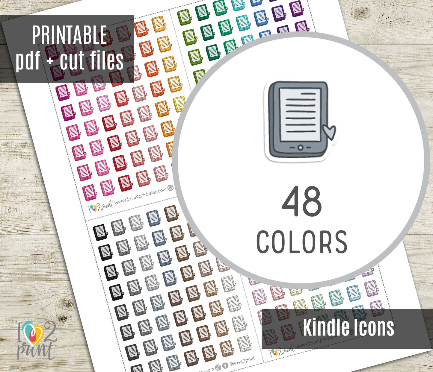 Kindle Book Icons Stickers - Functional Printable Stickers - PDF & Cut Files