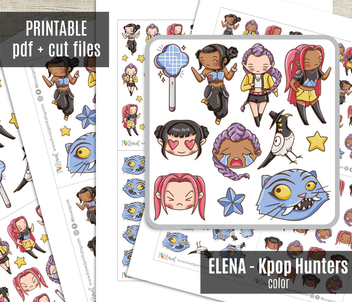 KPOP Demon Hunters Fan Art Stickers – Color Printable Set (Elena Style) – PDF & Cut Files