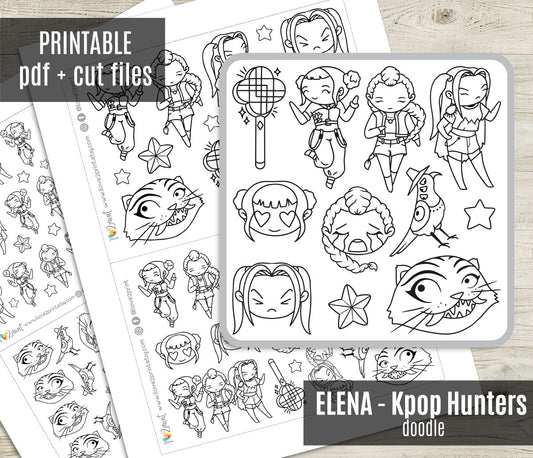 KPOP Demon Hunters Fan Art Stickers – Doodle Printable Set (Elena Style) – PDF & Cut Files
