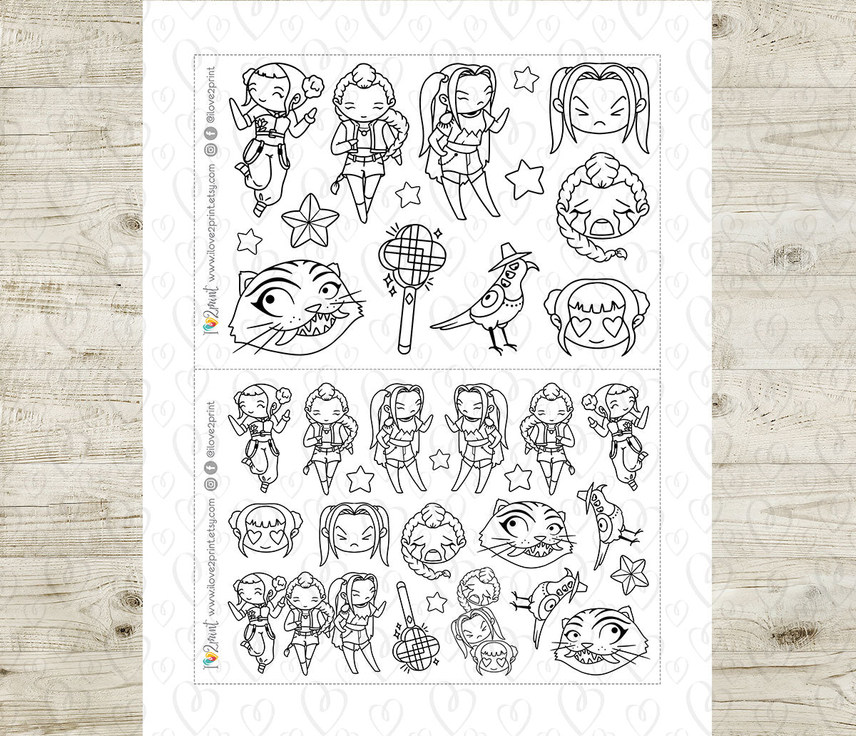 KPOP Demon Hunters Fan Art Stickers – Doodle Printable Set (Elena Style) – PDF & Cut Files