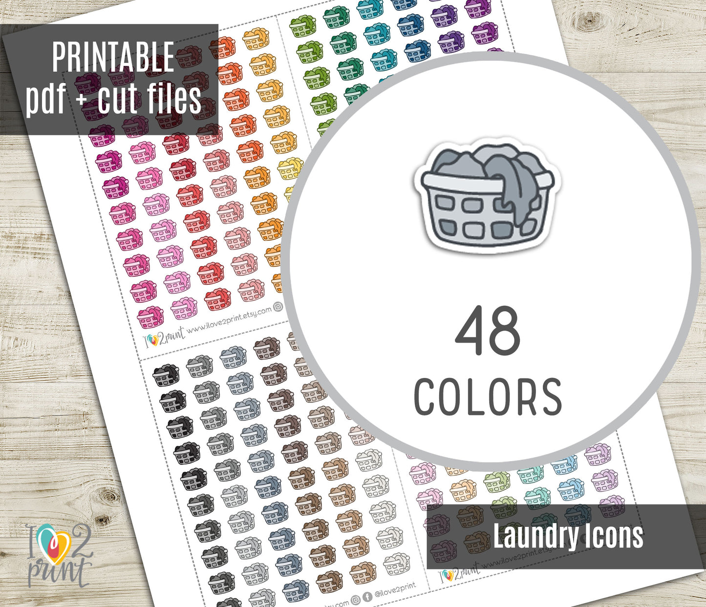 Laundry Basket Mini Icons Printable Planner Stickers | 48 Colors | Wash Day Labels | PDF Cut Files
