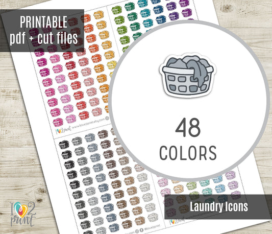Laundry Basket Mini Icons Printable Planner Stickers | 48 Colors | Wash Day Labels | PDF Cut Files