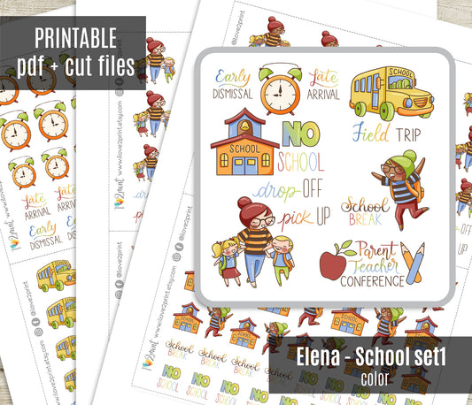 Elena School Set 1 – COLOR Printable Planner Stickers – No School, Field Trip, Parent-Teacher & More – PDF + Cut Files