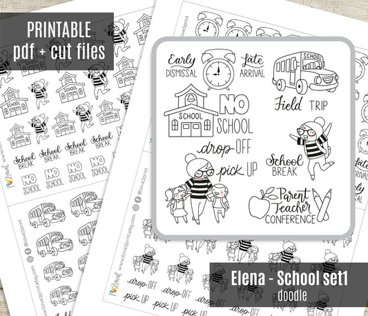 Elena School Set 1 – DOODLE Printable Planner Stickers – No School, Field Trip, Parent-Teacher & More – PDF + Cut Files