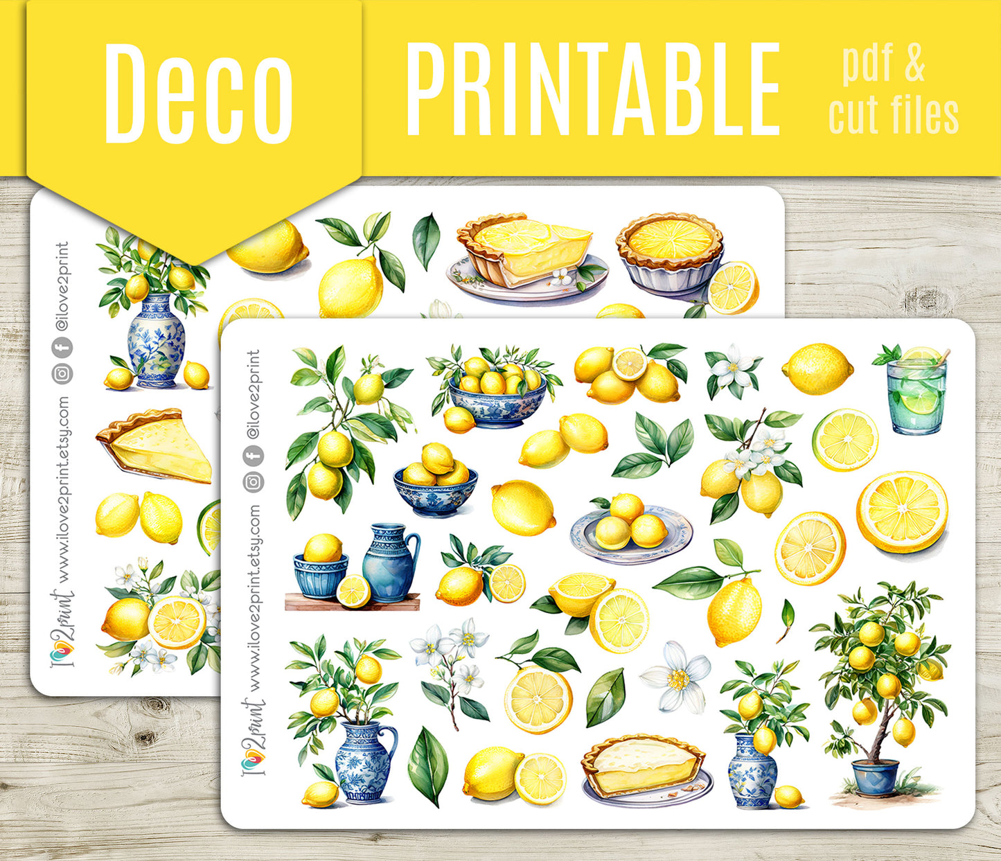 Lemon Pie Decorative Printable Planner Stickers | Citrus Bakery | PDF Cut Files | Instant Download