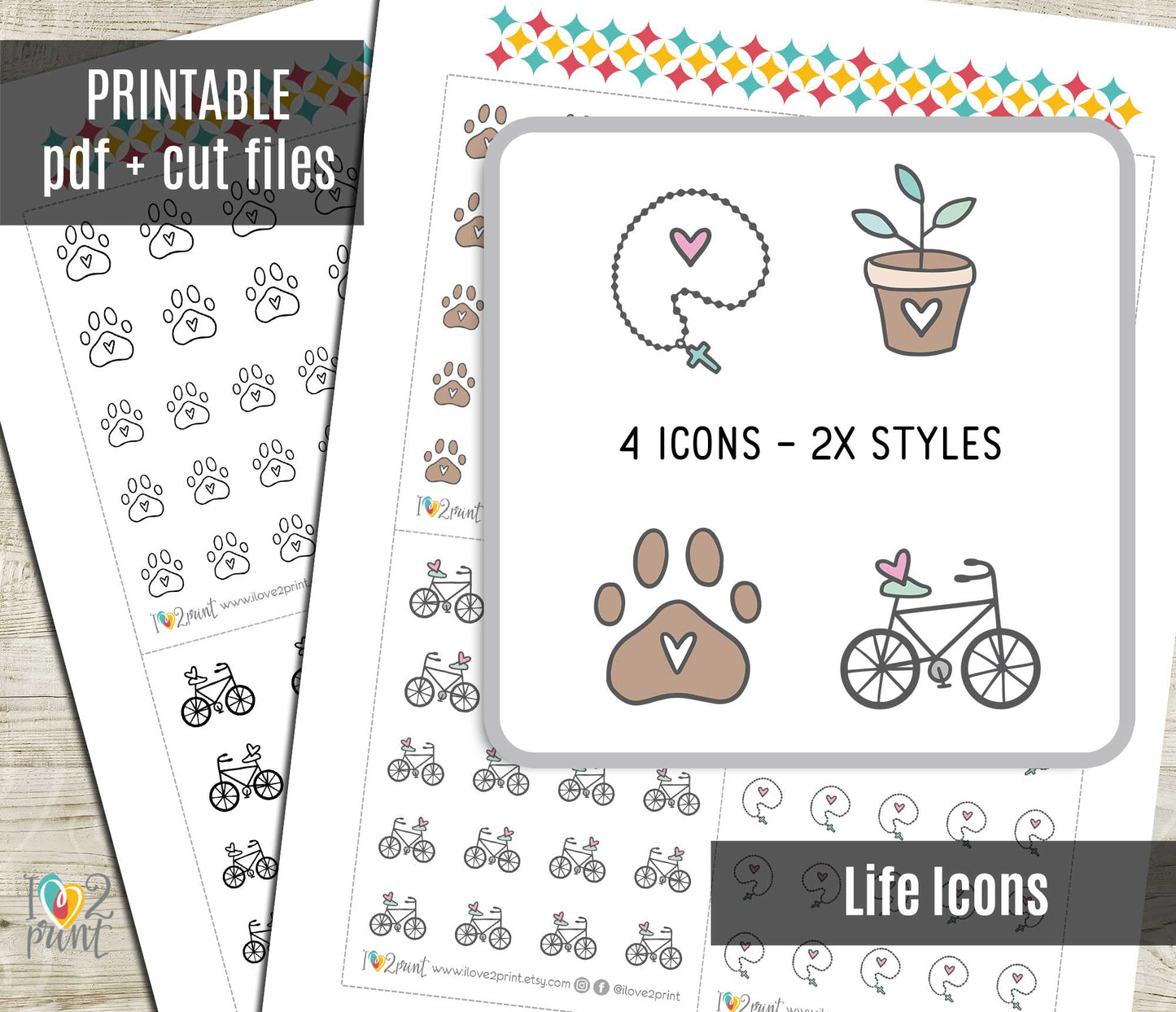 Printable Lifestyle Icons Stickers – Rosary, Plant, Paw & Bike – Instant Download PDF + Cut Files