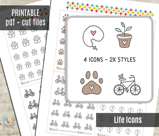 Printable Lifestyle Icons Stickers – Rosary, Plant, Paw & Bike – Instant Download PDF + Cut Files