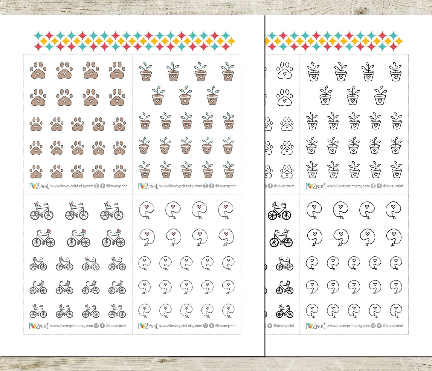 Printable Lifestyle Icons Stickers – Rosary, Plant, Paw & Bike – Instant Download PDF + Cut Files