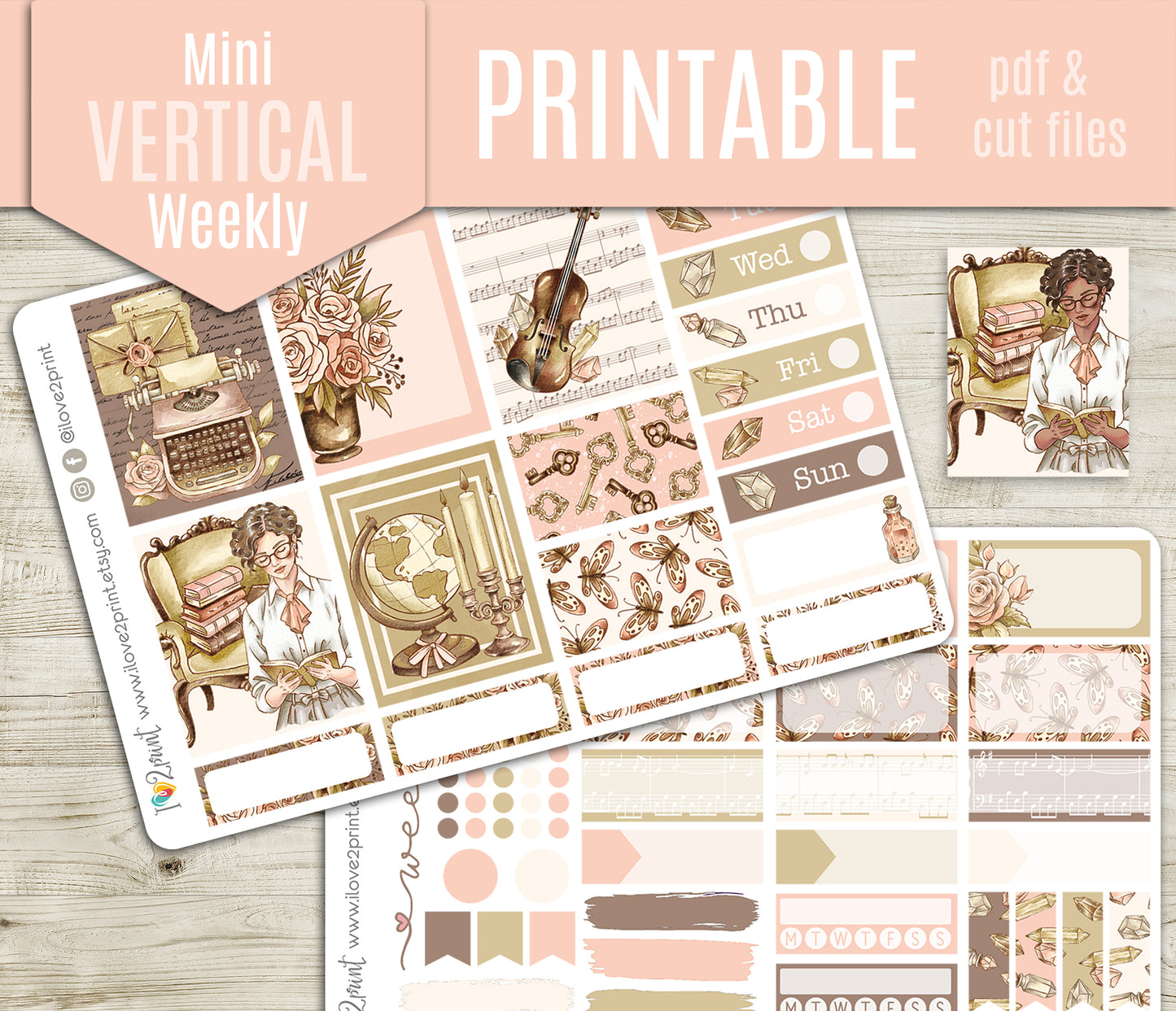 Light Academia Mini Weekly Stickers - Printable PDF & Cut Files