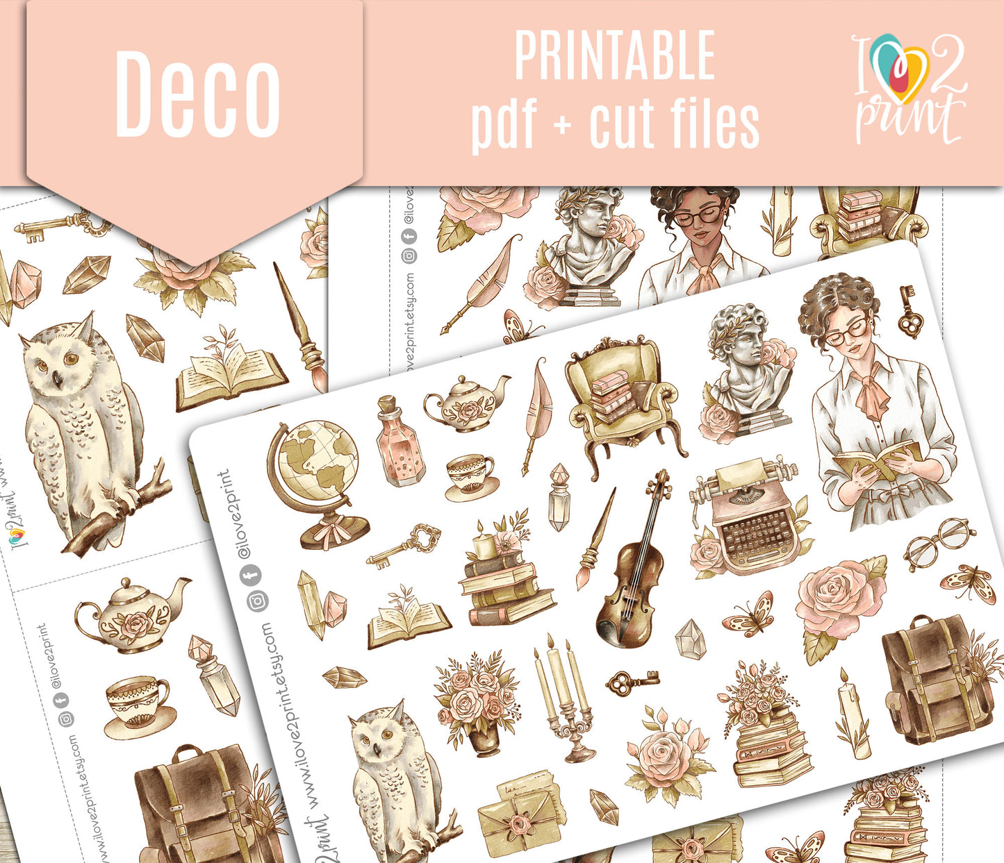 Light Academia Decorative Stickers - Printable PDF & Cut Files