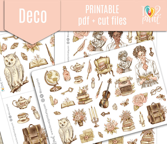 Light Academia Decorative Stickers - Printable PDF & Cut Files