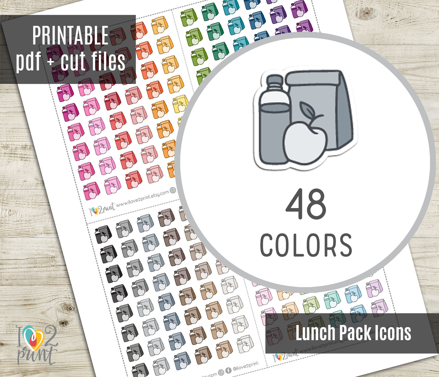Lunch Pack Mini Icons Printable Planner Stickers | 48 Colors | Meal Prep Labels | PDF Cut Files