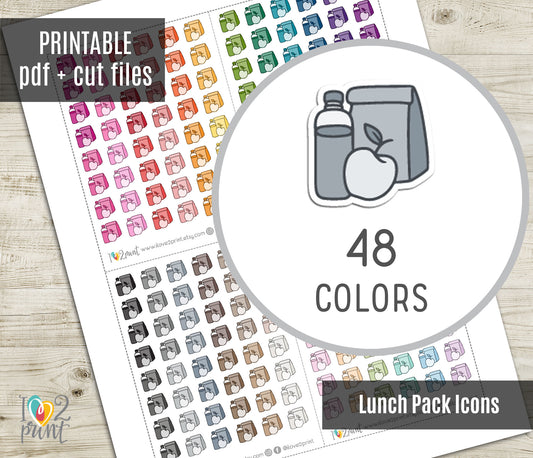 Lunch Pack Mini Icons Printable Planner Stickers | 48 Colors | Meal Prep Labels | PDF Cut Files