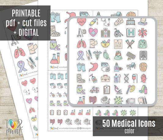 Medical Icons Color Printable Stickers | 25 Pastel Healthcare | 2 Sizes | PDF Cut Files