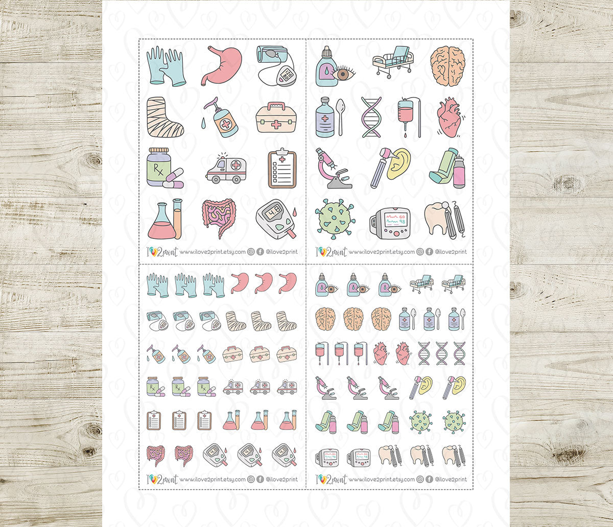 Medical Icons Color Printable Stickers | 25 Pastel Healthcare | 2 Sizes | PDF Cut Files