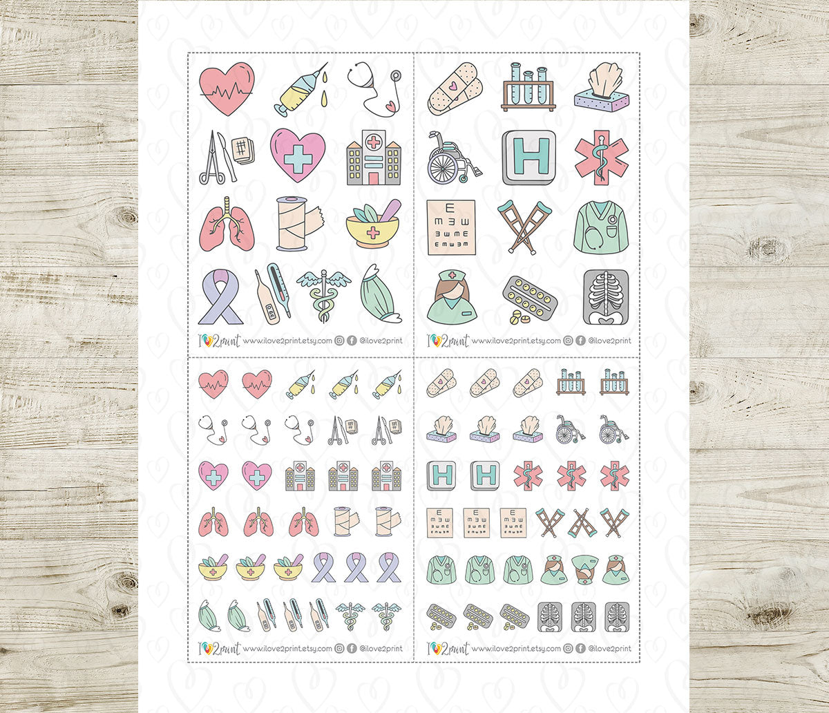 Medical Icons Color Printable Stickers | 25 Pastel Healthcare | 2 Sizes | PDF Cut Files