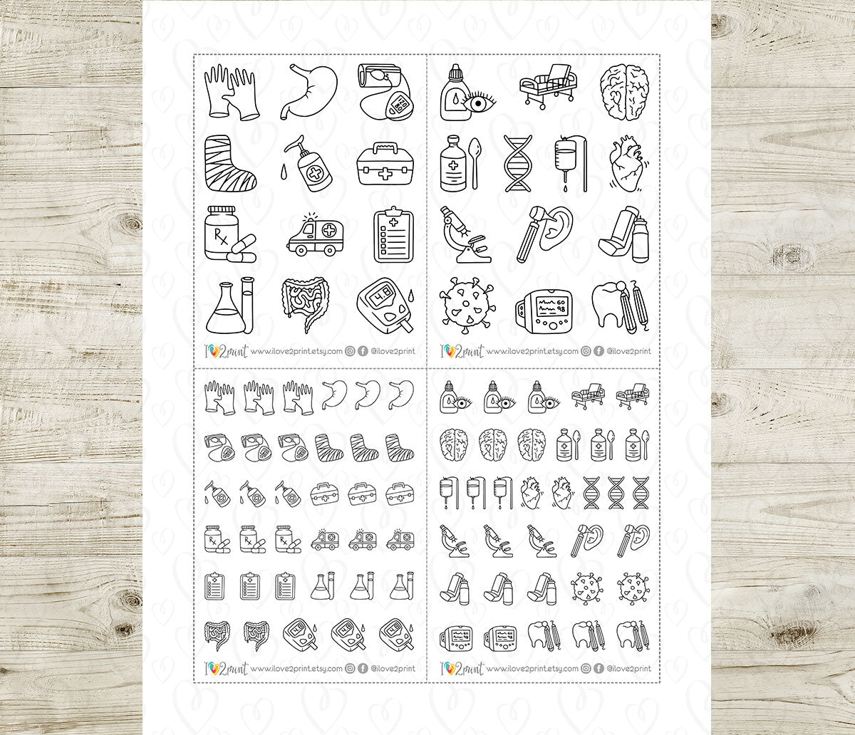 Medical Icons Doodle Printable Stickers | 25 Healthcare | 2 Sizes | PDF Cut Files