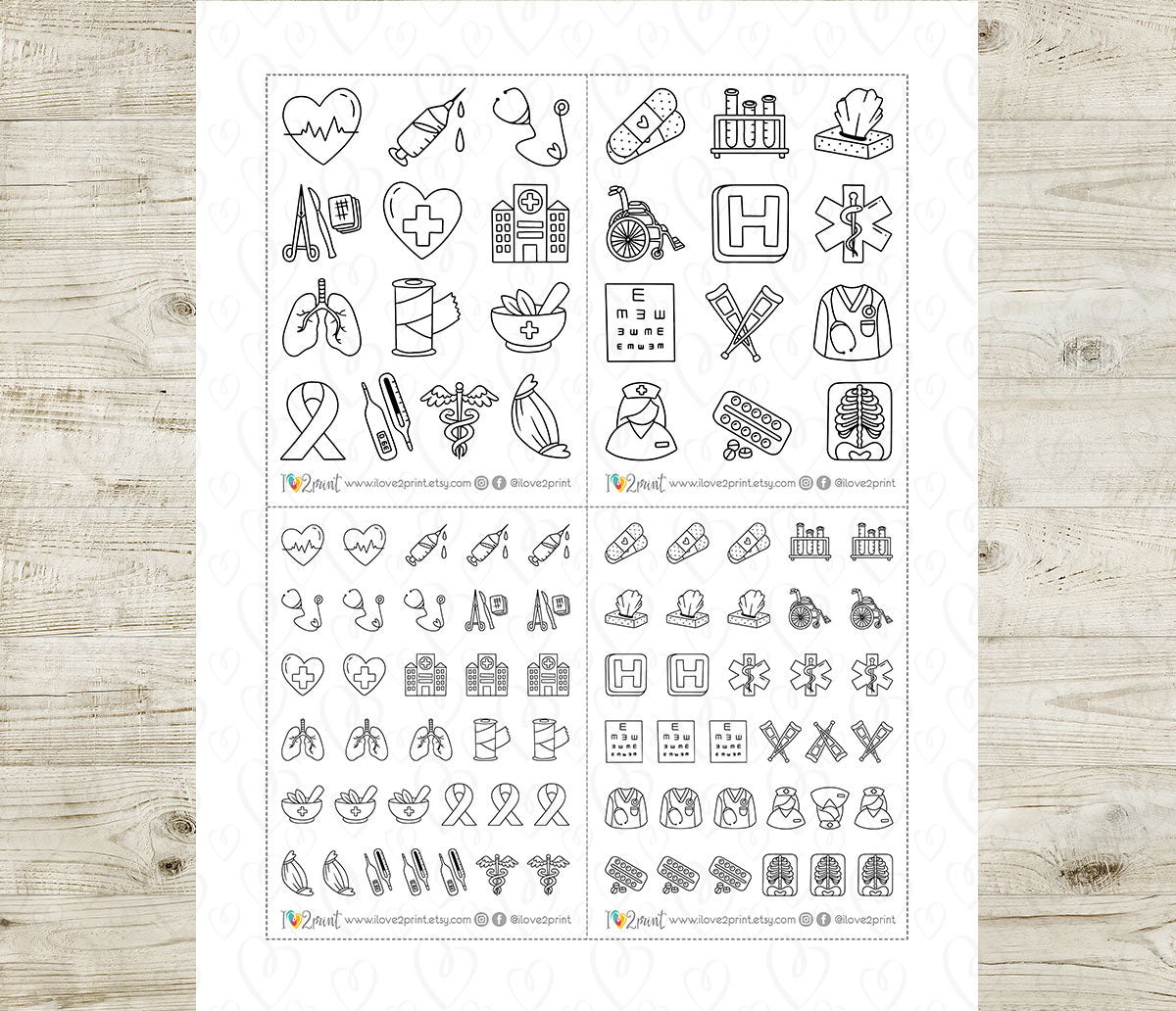 Medical Icons Doodle Printable Stickers | 25 Healthcare | 2 Sizes | PDF Cut Files