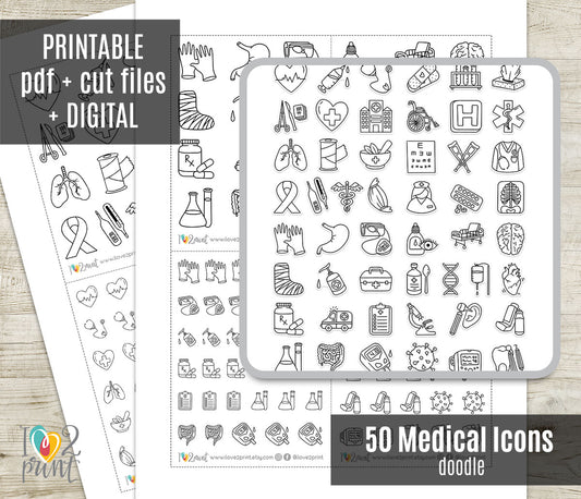 Medical Icons Doodle Printable Stickers | 25 Healthcare | 2 Sizes | PDF Cut Files