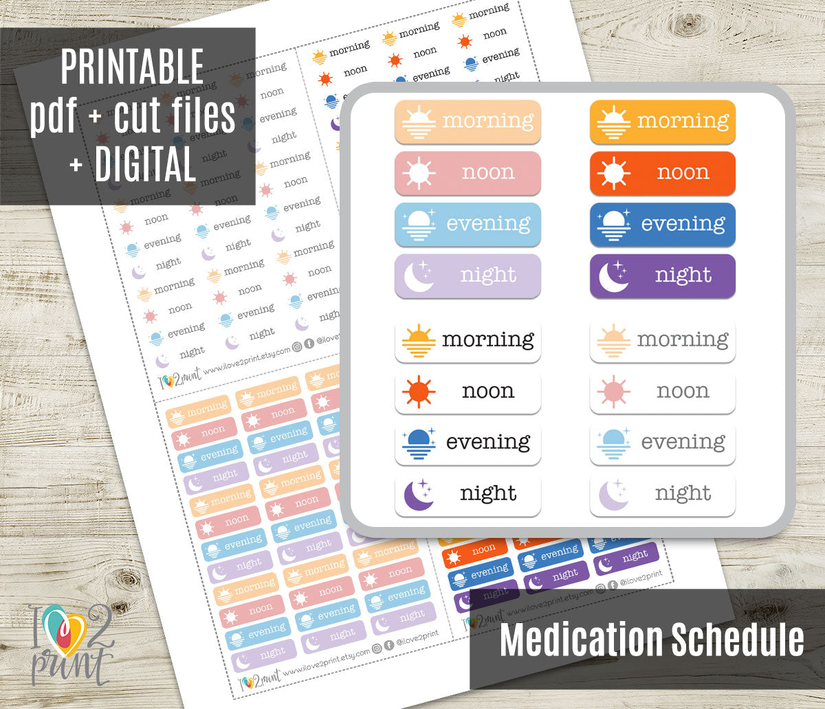 Medication Schedule Printable Planner Stickers | Morning Noon Evening Night | 8 Colors | PDF