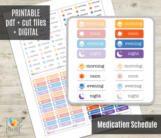 Medication Schedule Printable Planner Stickers | Morning Noon Evening Night | 8 Colors | PDF