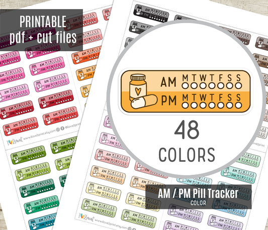 Medication Tracker AM / PM Color Printable Planner Stickers  - PDF & Cut Files
