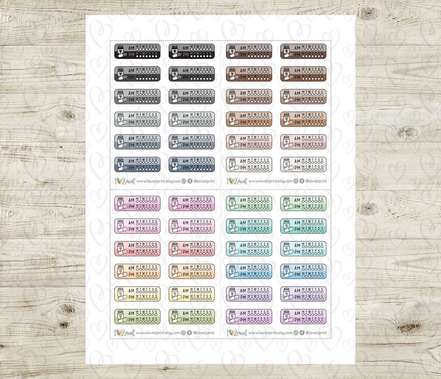 Medication Tracker AM / PM Color Printable Planner Stickers  - PDF & Cut Files