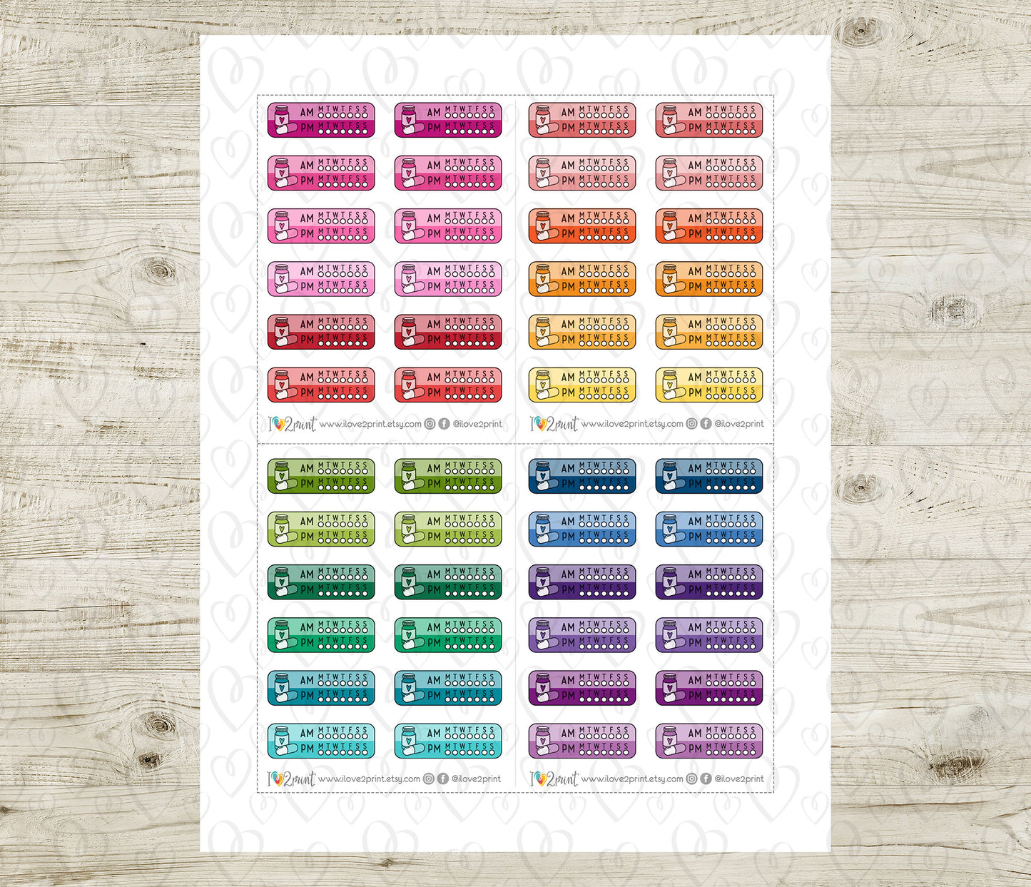 Medication Tracker AM / PM Color Printable Planner Stickers  - PDF & Cut Files