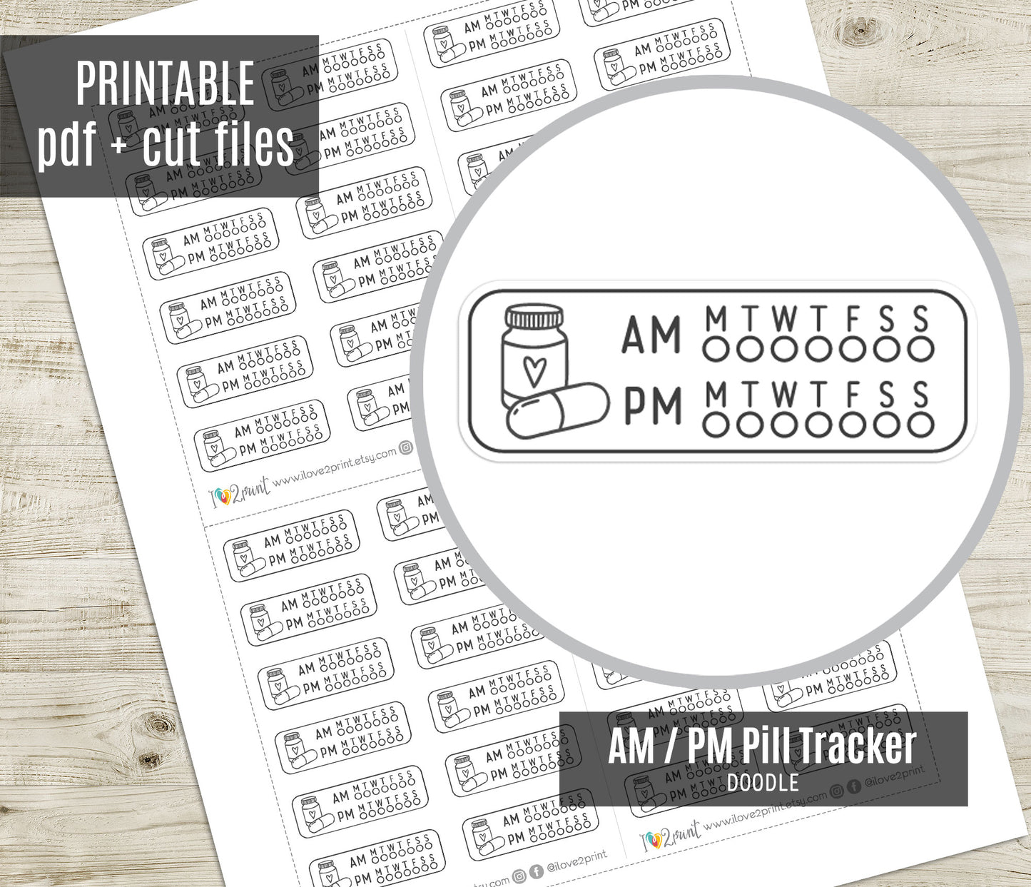 Medication Tracker AM / PM Stamp Printable Planner Stickers - PDF & Cut Files