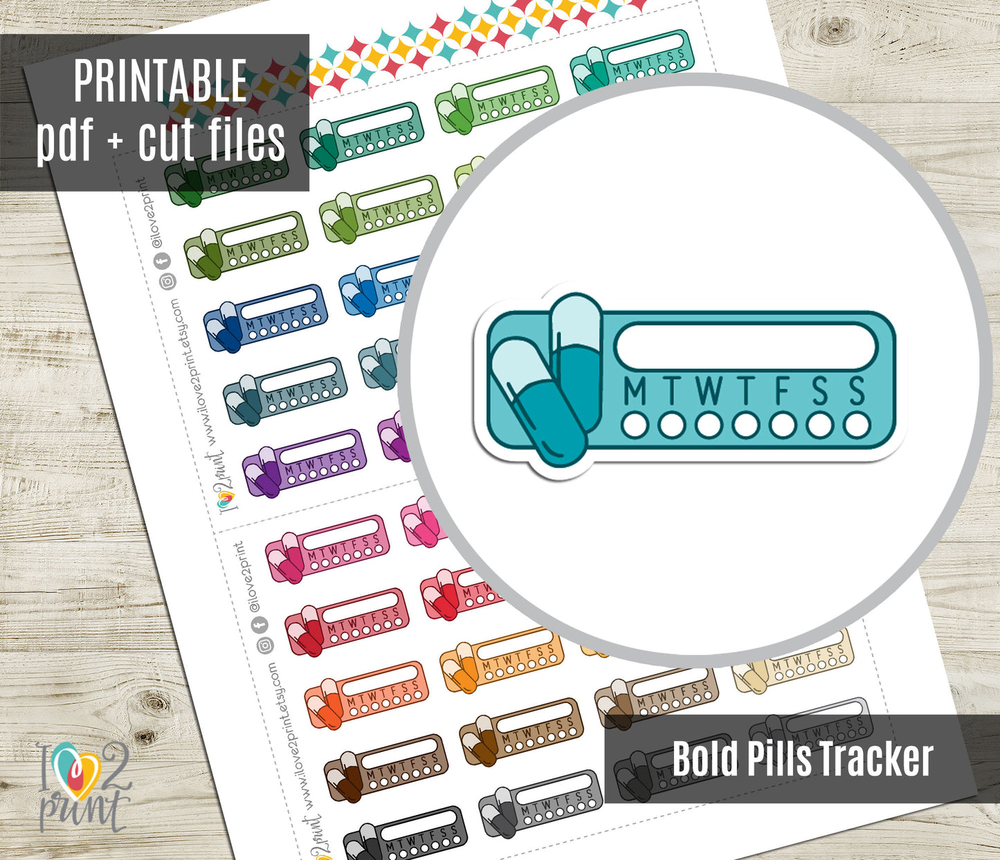 Medicine Tracker Printable Planner Stickers - Bold Colors - PDF & Cut Files