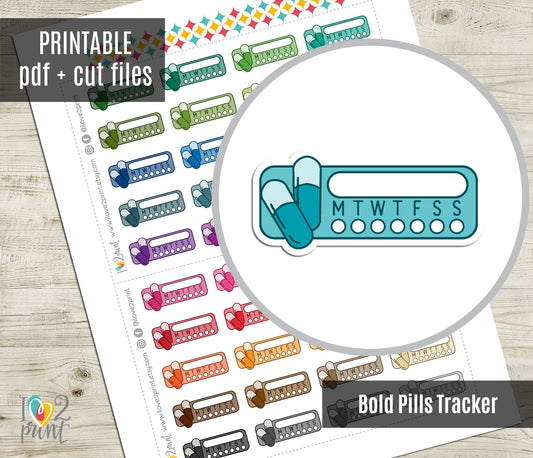 Medicine Tracker Printable Planner Stickers - Bold Colors - PDF & Cut Files