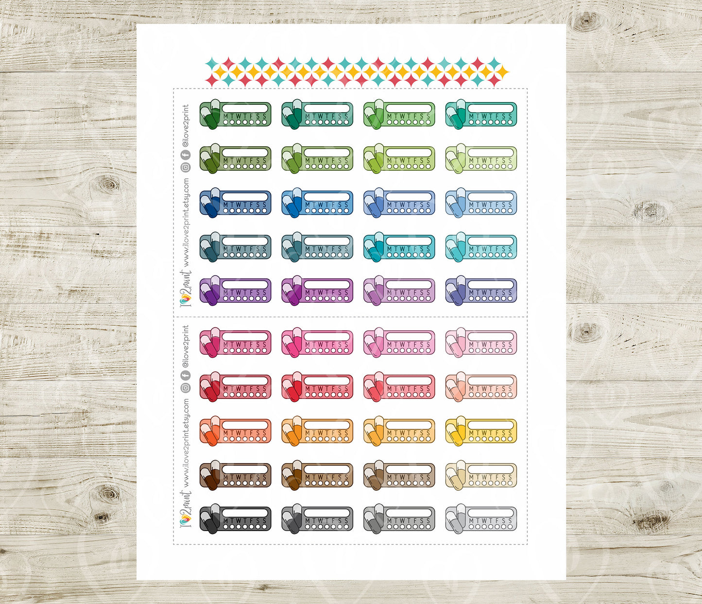 Medicine Tracker Printable Planner Stickers - Bold Colors - PDF & Cut Files