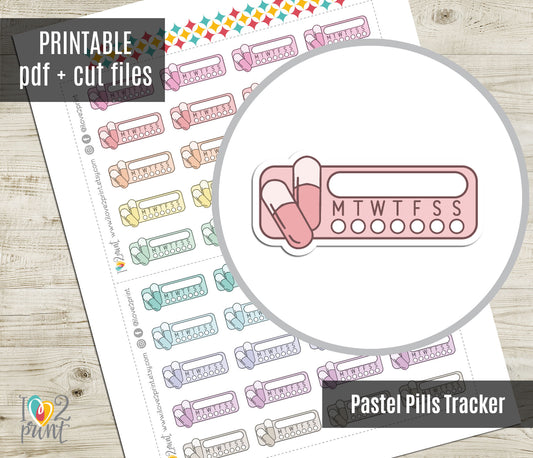 Medicine Tracker Printable Planner Stickers - Pastel Colors - PDF & Cut Files