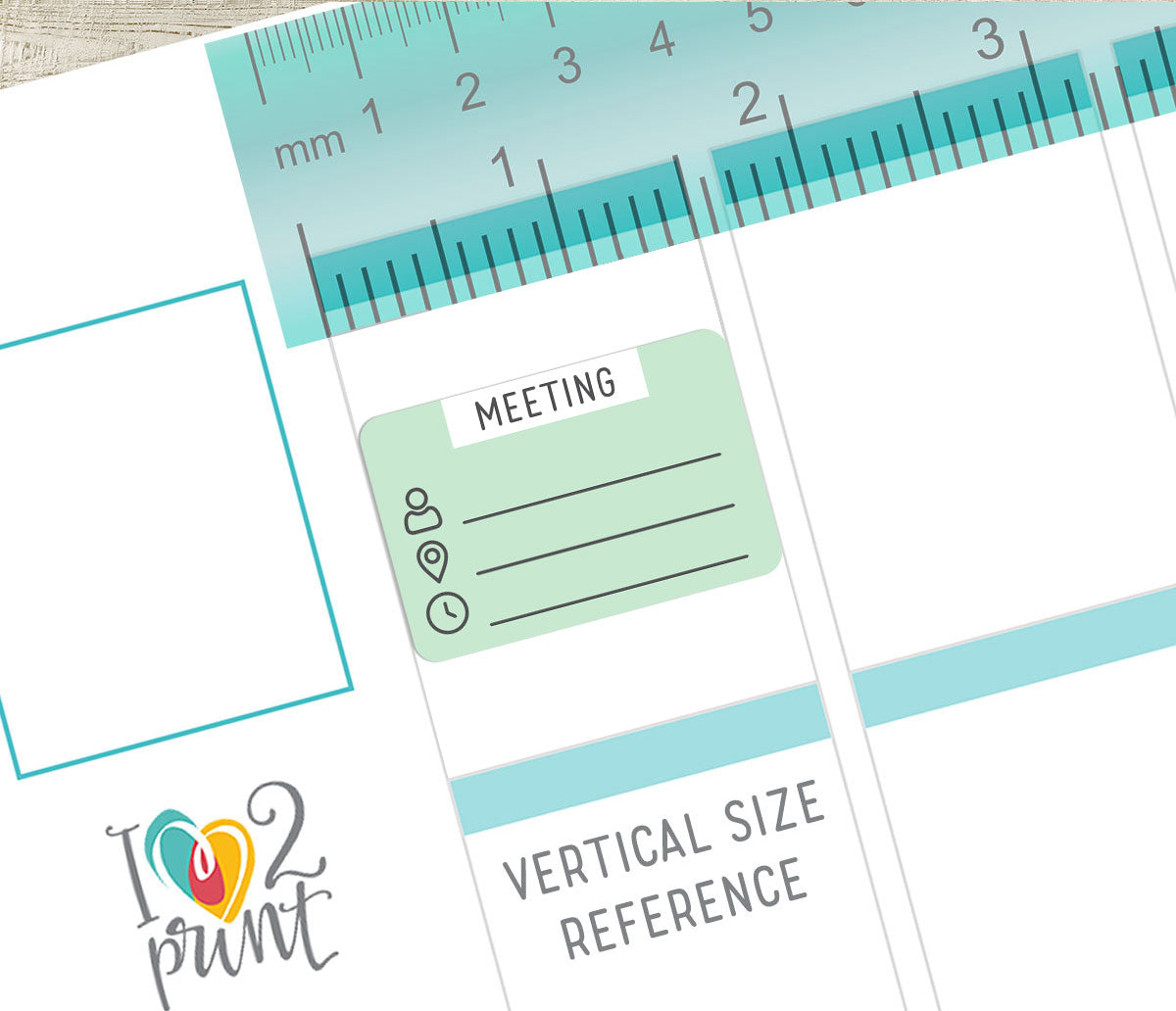 Planner stickers with a ruler and text 'MEETING' on a white background