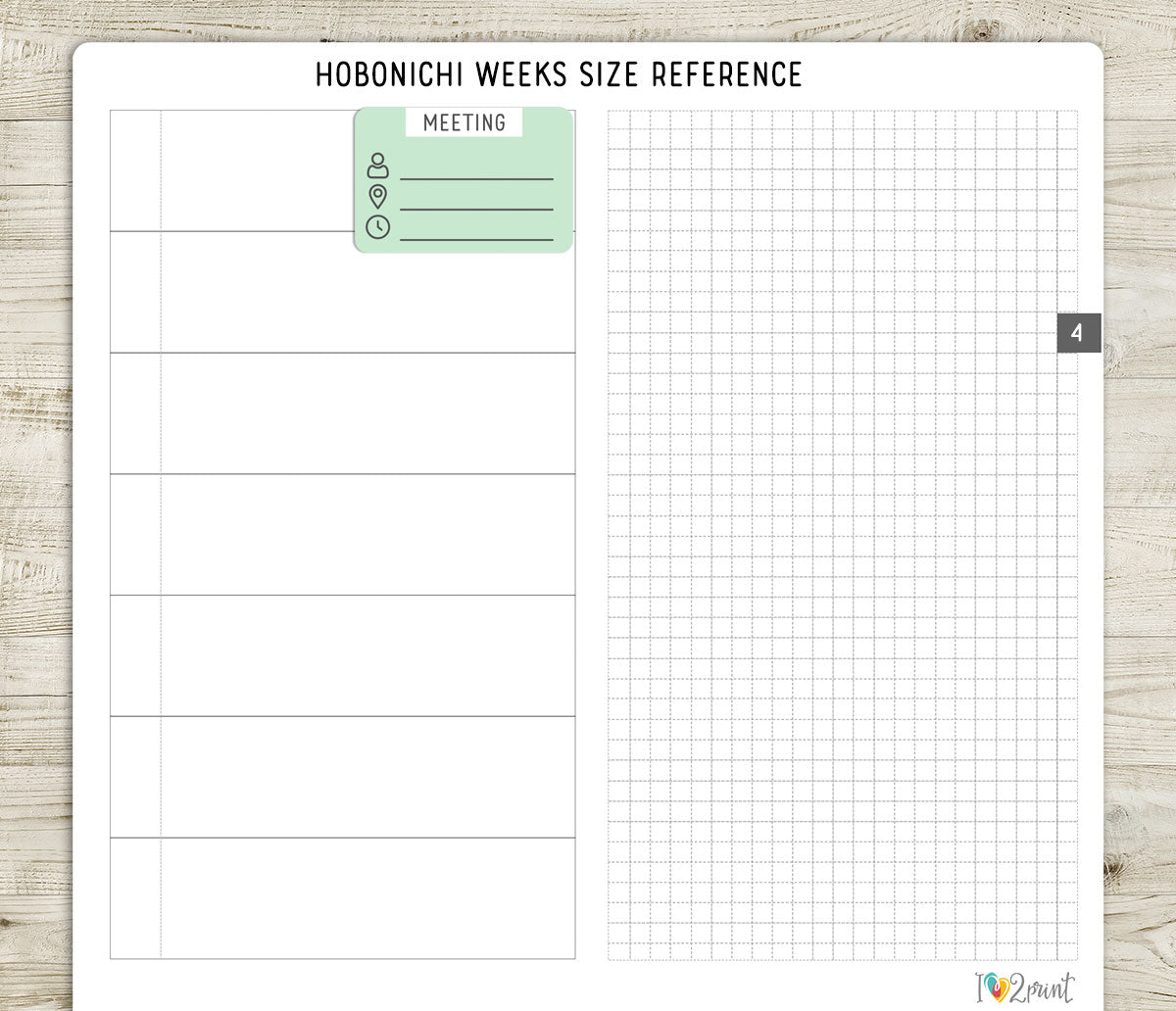 Meeting sticker on a Hobonichi Weeks planner size reference sheet on a wooden surface