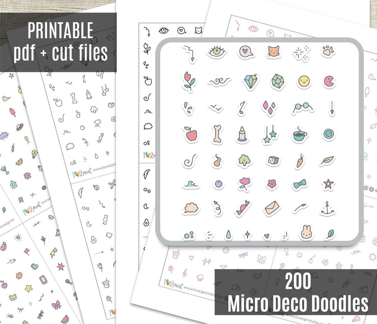 200 Micro Decorative Doodles Printable Stickers | 4 Color Variations | PDF Cut Files | Instant Download