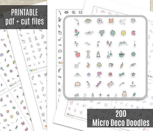 200 Micro Decorative Doodles Printable Stickers | 4 Color Variations | PDF Cut Files | Instant Download