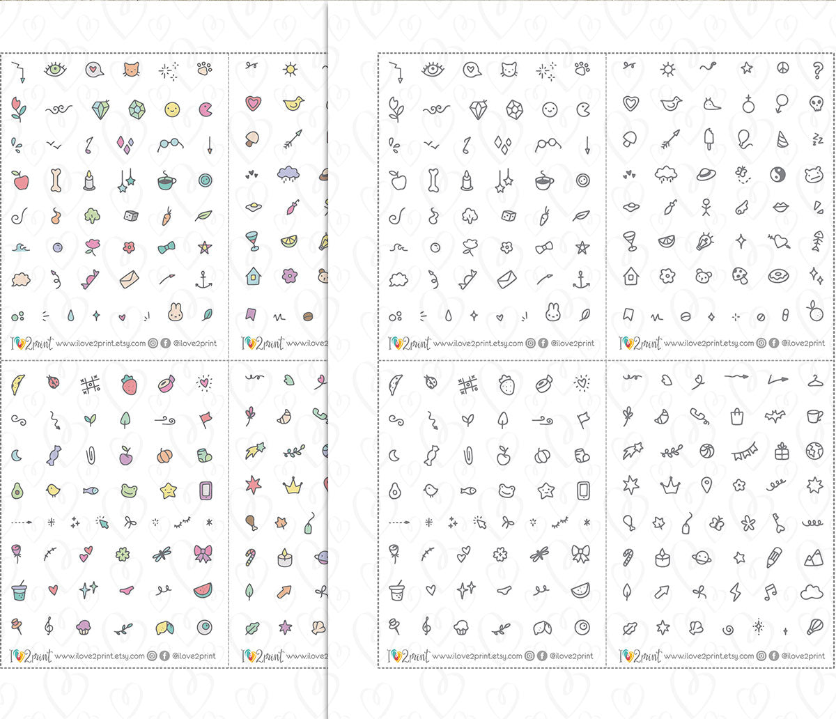 200 Micro Decorative Doodles Printable Stickers | 4 Color Variations | PDF Cut Files | Instant Download