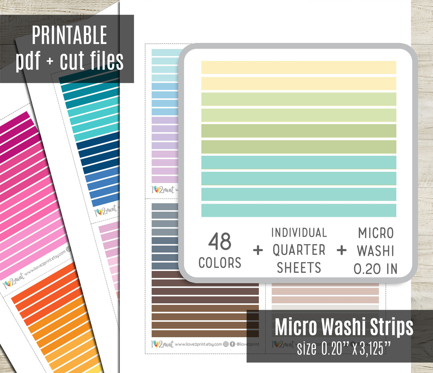 Micro colorful Washi Stripes - Printable Planner Stickers  - PDF & Cut Files