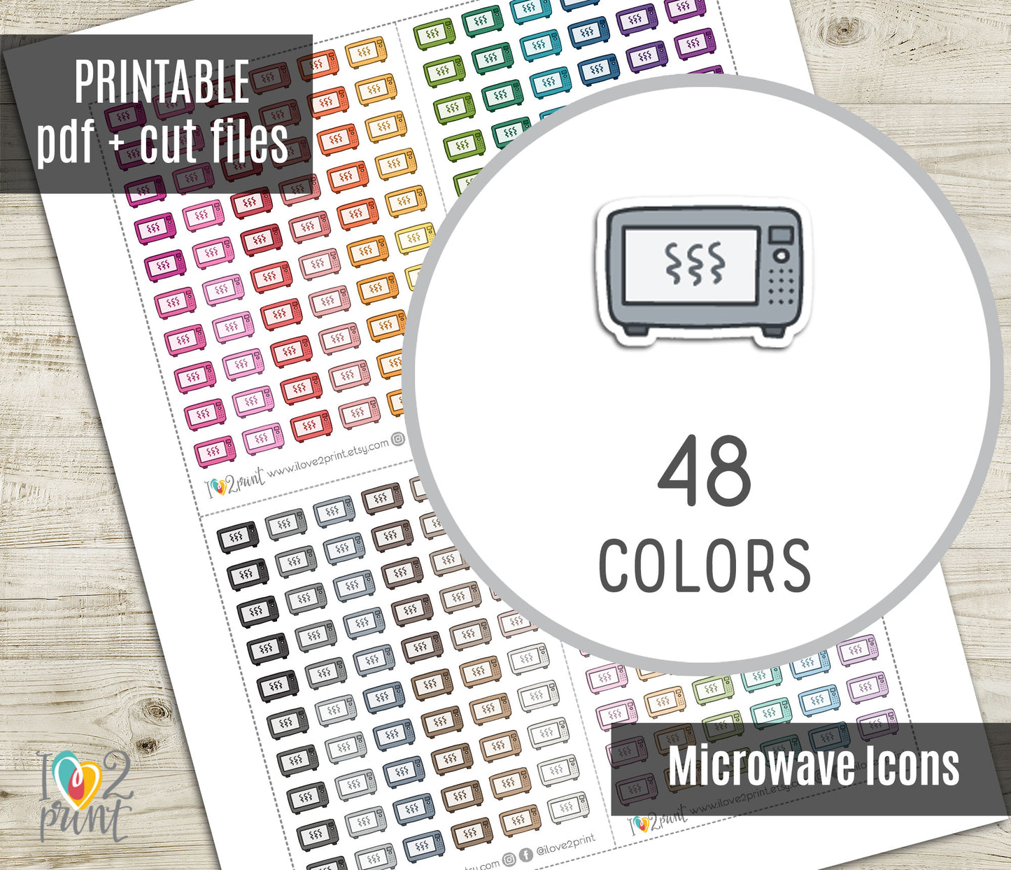 Microwave Icons – Functional Printable Planner Stickers in 48 Colors – PDF & Cut Files