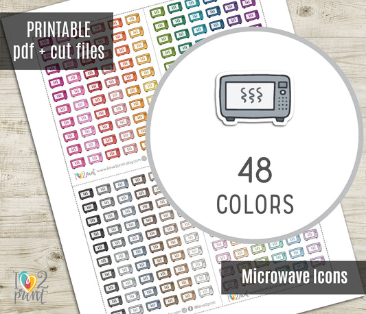 Microwave Icons – Functional Printable Planner Stickers in 48 Colors – PDF & Cut Files