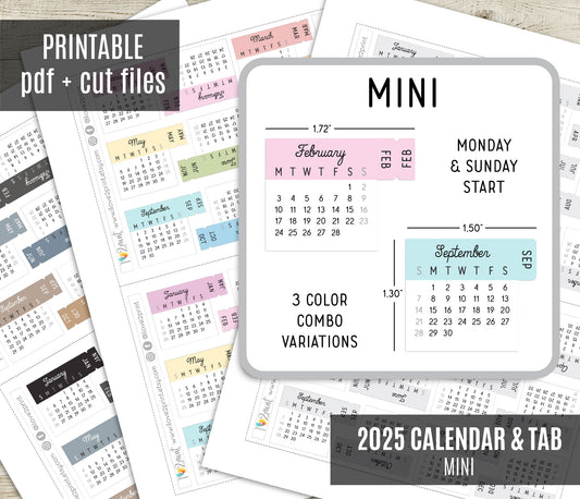 2025 Mini Pastel Calendar & Month Tab – Minimalist Digital Download - PDF & Cut Files