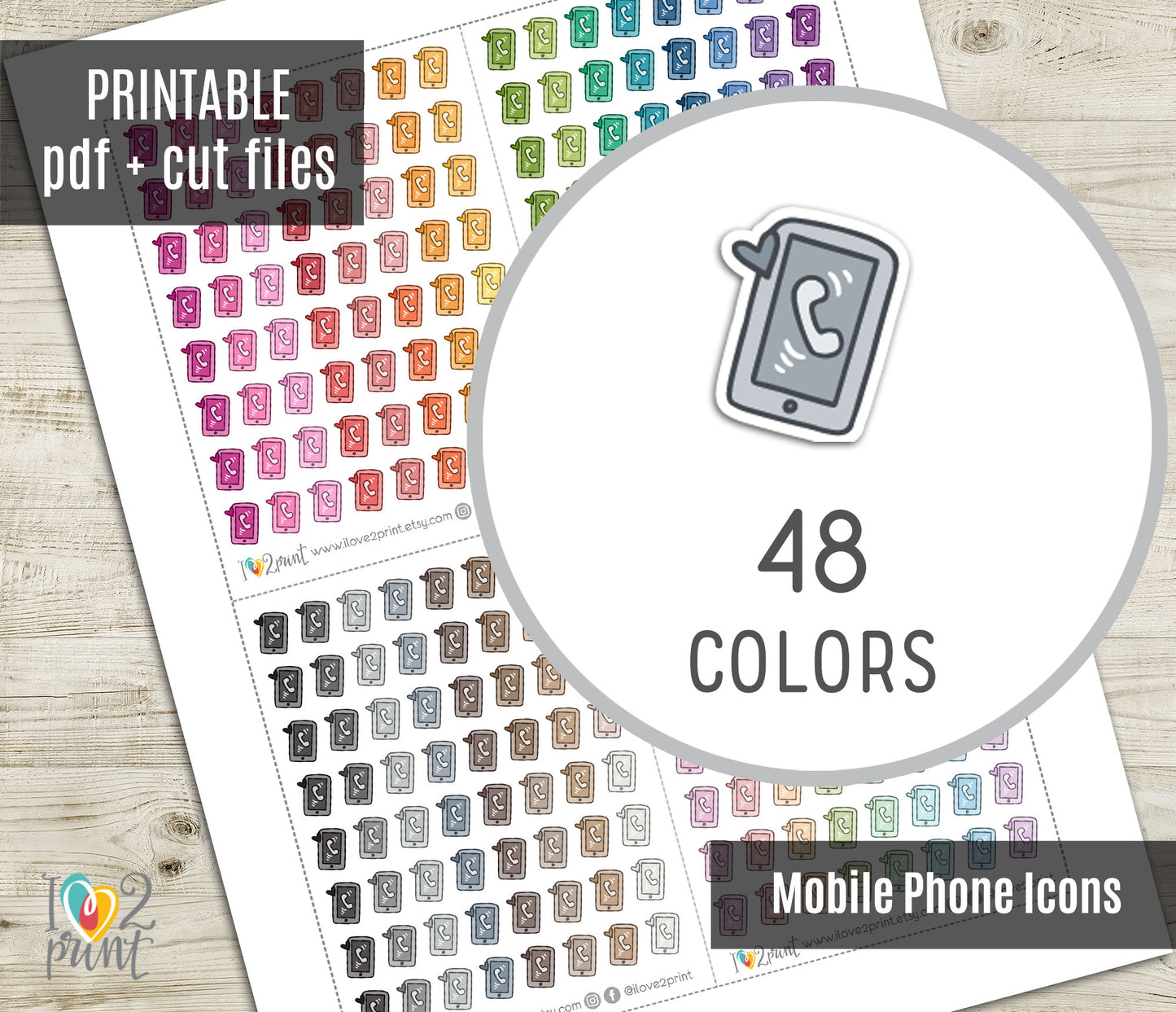 Mobile Phone Mini Icons Printable Planner Stickers | 48 Colors | Tech Screen Time Labels | PDF Cut Files