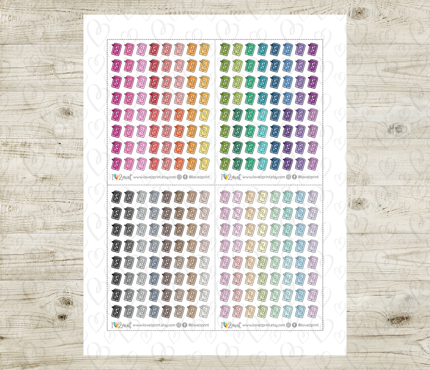 Mobile Phone Mini Icons Printable Planner Stickers | 48 Colors | Tech Screen Time Labels | PDF Cut Files