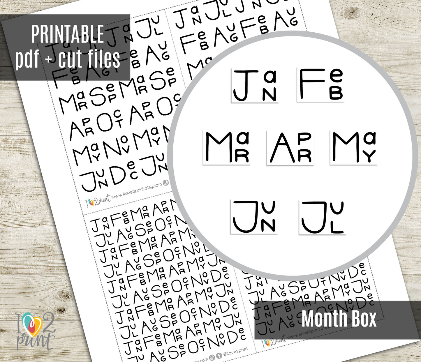 Handlettered Month Box Stickers | Printable Planner Months | Functional Journaling & Scrapbook Supplies