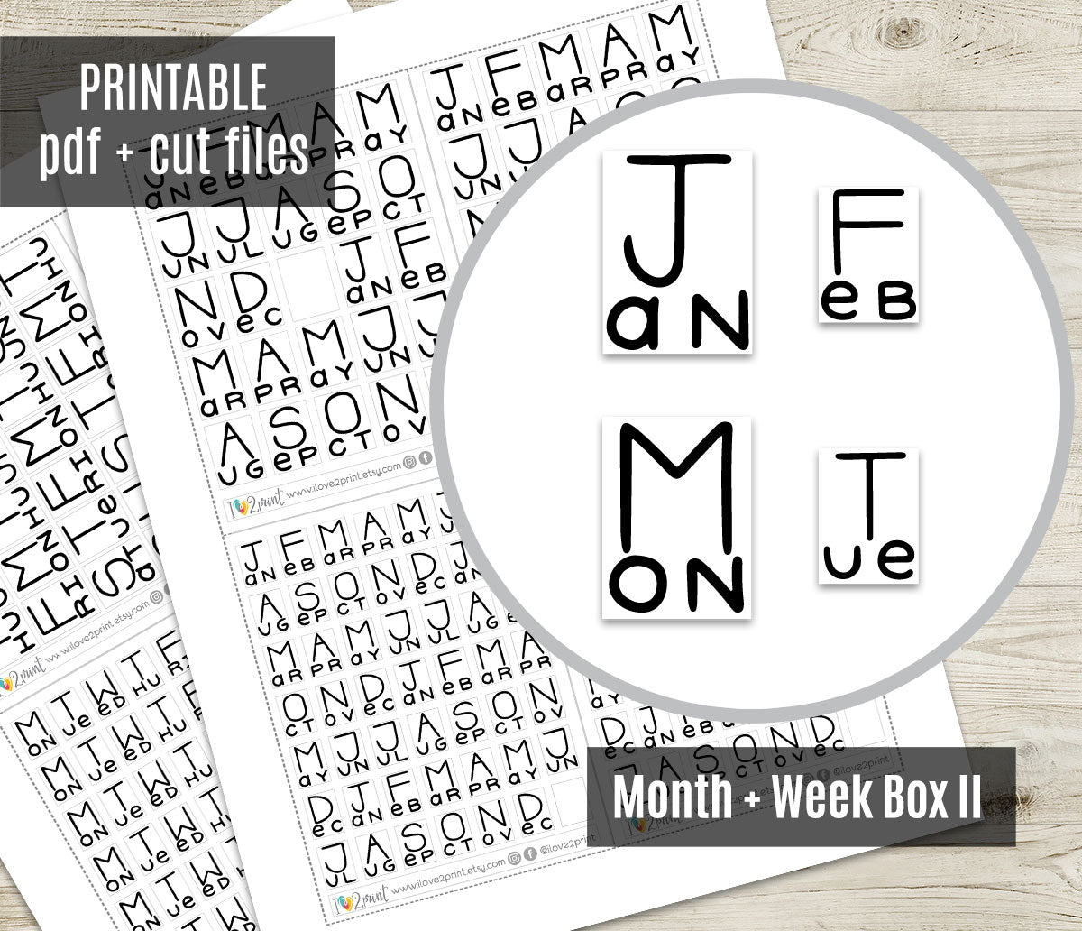 Handlettered Week and Month Box Stickers SET 2 | Printable Planner | Functional Journaling & Scrapbook Supplies