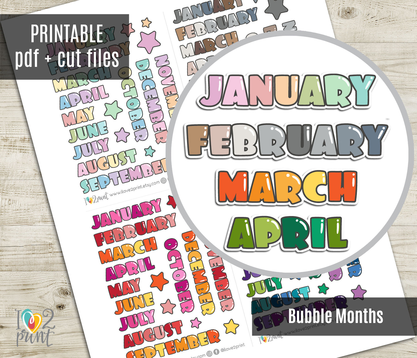 Printable Bubble Font Month Planner Stickers - PDF & Cut Files