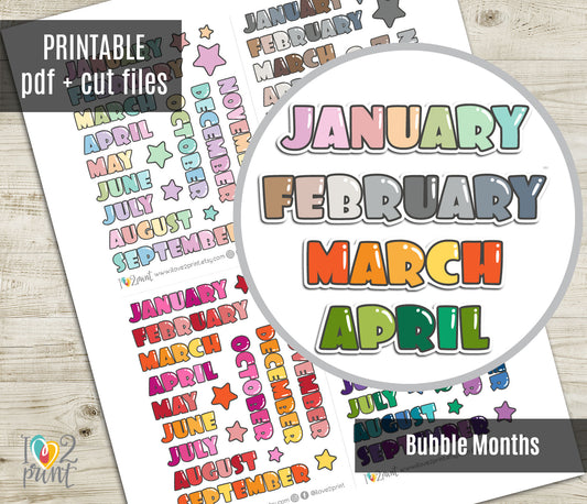 Printable Bubble Font Month Planner Stickers - PDF & Cut Files