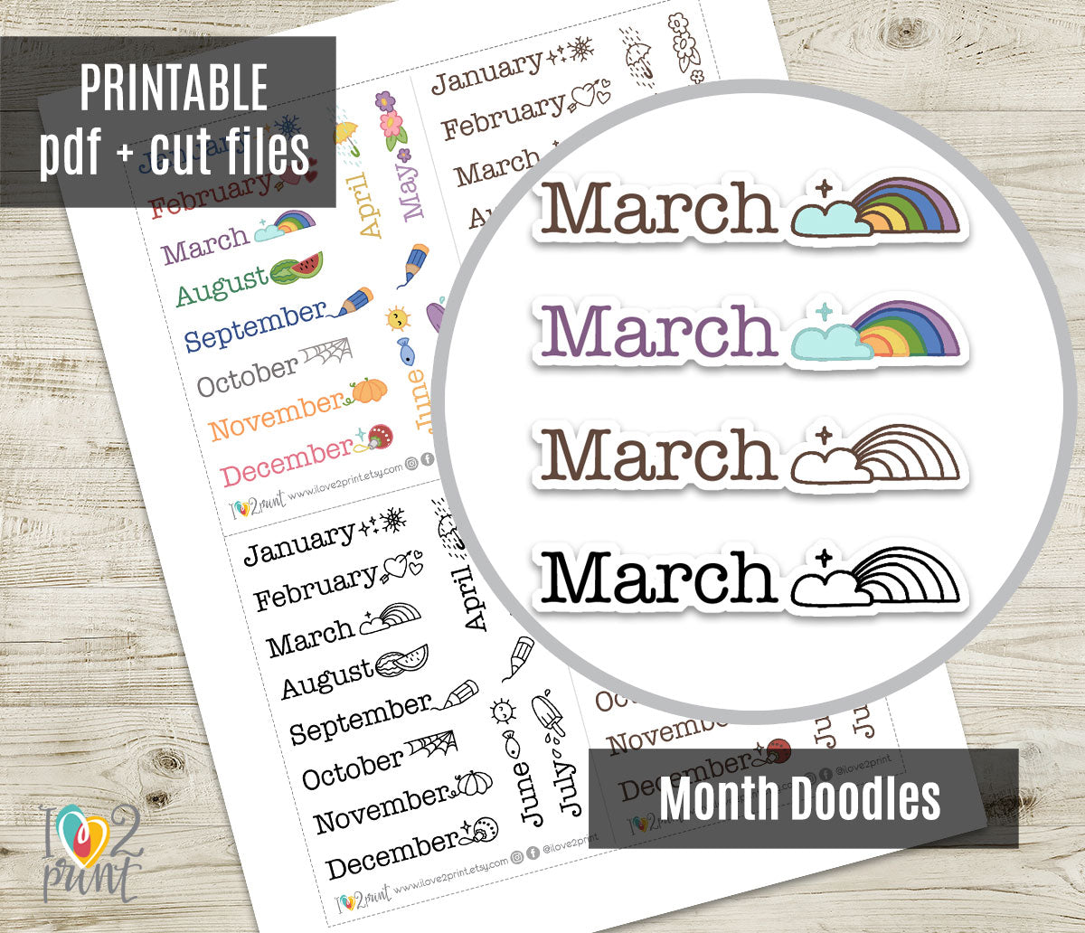 Month Doodle Headers - Printable Planner Stickers –  Functional Set – Instant Download