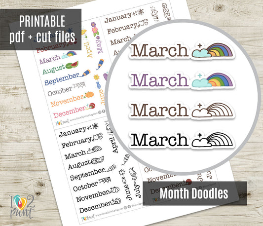 Month Doodle Headers - Printable Planner Stickers –  Functional Set – Instant Download
